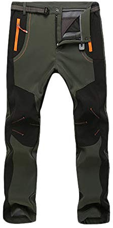 Unisex vindtät vattentät softshell fleecefodrade byxor andningsbara snabbtorkande vandring klättring utomhusbyxor med bälte, Armégrön-hane, L