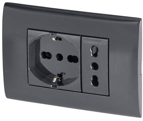 POLY POOL - PP6094.1X Kit Einbau mit Früchten Multistandard Strom-Schukostecker 10A/16A Italienisch/Deutsch und USB-Port 2.1A - Wandsteckdose Schwarz mit rechteckiger Dose zum Befestigen