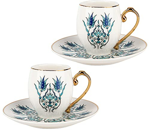 Karaca Iznik Service à café pour 2 personnes, 2 tasses à expresso et 2 soucoupes, tasse moka robuste, bord épais, tasses à expresso en porcelaine
