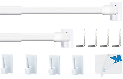 2PCS Extendable Rod, Net Rod Extendable, Net Curtain Rod for Windows, Kitchen with 4PCS Self-Adhesive Hooks(70-120CM/27.56-47.2Inch,White)