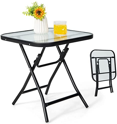 COSTWAY Table de Jardin Bistro Pliante, avec Plateau en Verre Trempé, Cadre en Acier, 46,5x46,5x42cm, pour Intérieur et Extérieur Patio Balcon Terrasse, Charge 25 kg