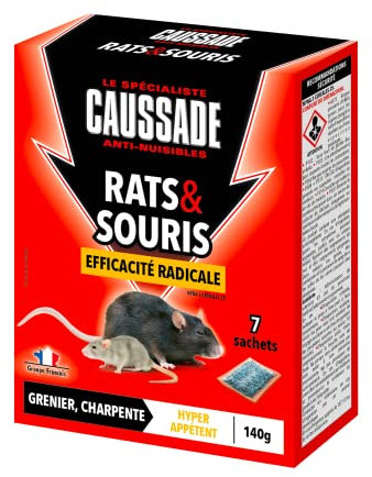 Caussade Anti Rats & Souris - Efficacité Radicale - Lieux secs - 7 Sachets céréales - Prêt à l'emploi - Une Ingestion Suffit - 140g CARSCDF140