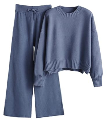 tinetill Completo da jogging causale in 2 pezzi da donna completo da salotto maglione lavorato a maglia pantaloni a gamba larga completo sportivo tuta da ginnastica set da casa alla moda