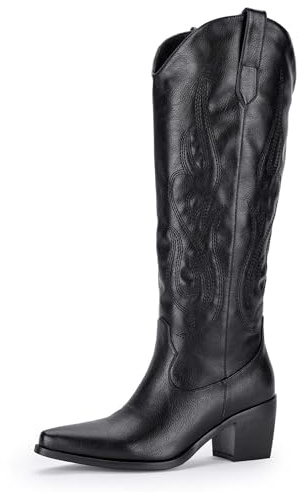 MIRAAZZURRA Bottes de cowboy pour femmes Westernstiefel Pointe Orteil Broderie Cowgirl Stiefel Bottes à tige large Bottes mi-mollet, Noir , 38 EU