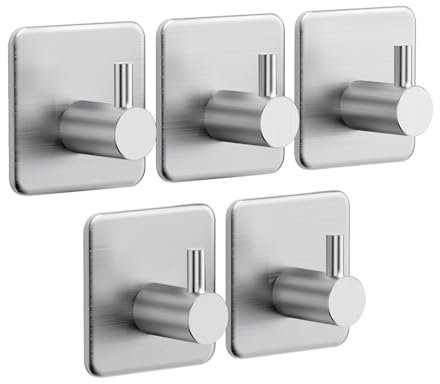 Auxmir Ganchos Adhesivos Baño de Acero Inoxidable, Toalleros sin Taladro Resistentes, Colgador Toallas Baño Grande, 5 Pack Plata (4.5x4.5cm)