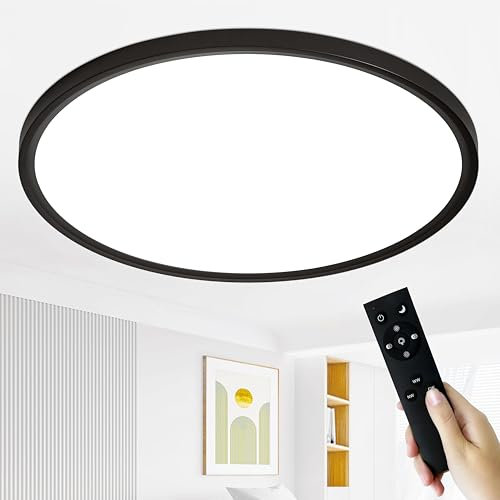 MOONSEA 60W LED Deckenleuchte Flach Dimmbar mit Fernbedienung, Ultra Dünn Deckenlampe Wohnzimmer, 3000-6000K Ø60cm, Deckenlampe LED für Wohnzimmer Schlafzimmer Kinderzimmer Büro, Schwarz