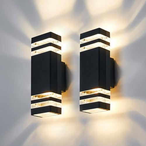 CELAVY Outdoor Wall Lights Mains Powered Outside Up Down Lights, IP65 LED Porch Front Door Light, Square Exterior GU10 Modern Lighting External Electric Sconce Wall Mounted for House 2 Pack, Black