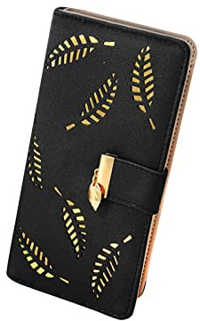 FuninCrea Lange Damengeldbörse mit ausgehöhlten Blättern, mit 12 Kreditkartenfächern und Ausweisfenster, große Damen-Geldbörse aus PU-Leder mit Reißverschluss und Schnappverschluss für Karten, Münzen,