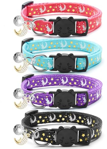 LAFAYI 4 PCS Breakaway Cat Collar with Bell Moons Stars,Kitten Collar and Adjustable with Pendant Glow,Cute Kitty Collar for Girl Boy Cats,Pet Gifts,Accessories(4 Colors)