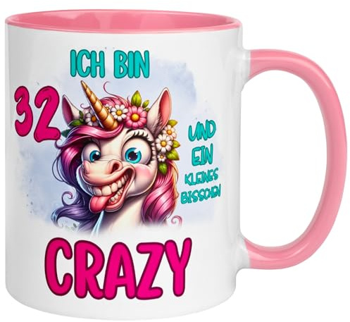 32 Geburtstag Frauen Geschenk Tasse | Ich bin 32 und kleines bisschen crazy | Lustige Geburtstagstasse mit Spruch 32. Geburtstag | 32ter Geburtstag - Witziges Geburtstagsgeschenk Frau