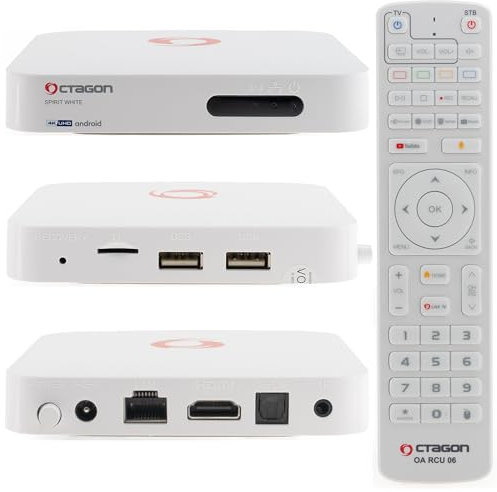 [Test SEHR GUT *] Octagon Spirit White 4K UHD Android TV Box, Dual Band WiFi WLAN, Bluetooth Fernbedienung, Sprachsteuerung, HDR10+, HLG, 2GB RAM & 32GB Flash, TV IP Receiver, Bluetooth 5.1, MeTV