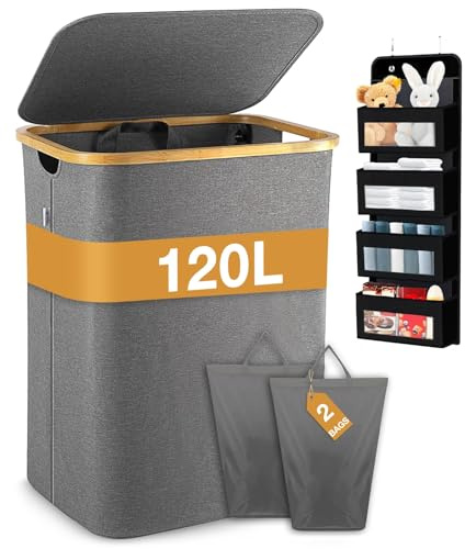 MC MICUS Cesto Ropa Sucia 120L XL Estrecho con Tapa – Cesta de Lavandería Plegable con Asas – Cesto Ahorra Espacio para Baño/Dormitorio – Incluye Organizador de Puerta – Gris