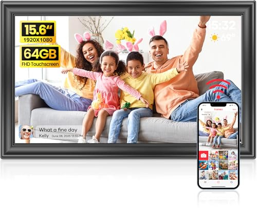 Frameo 15.6 WiFi Digital Picture Frame - 64GB Storage, 1920x1080 FHD IPS Touchscreen, Instant Photo/Video Sharing via Frameo App, Auto-Rotation, Desktop&Wall Mountable
