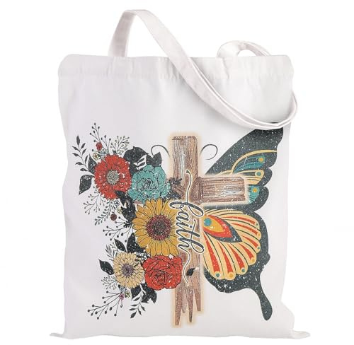 Loveinside Borsa Tote In Tela Faith, Croce Floreale Rustica E Farfalla Borsa A Tracolla Riutilizzabile In Cotone Per Donne E Ragazze, Regalo Cristiano Ispiratore Per Vacanze Casual, 35X40 Cm, 1 Pezzo