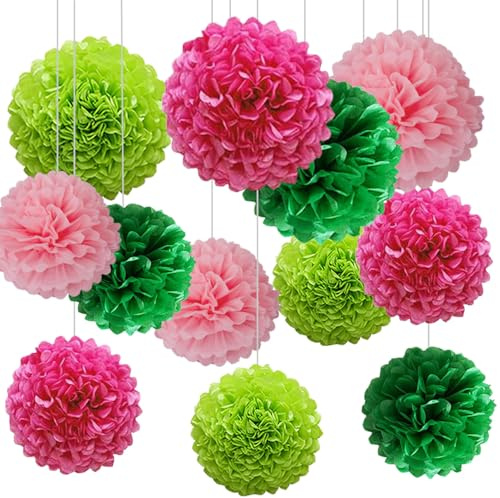 12pcs Hot Pink and Green Tissue Paper Pom Poms,Hanging Paper Pompoms for Pink Green Birthday Party Decoration