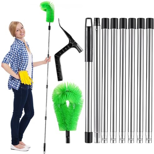 Limpiador de canalones 2 en 1 de 320 cm, con 8 mangos telescópicos de acero inoxidable + cepillo + pala, herramienta de limpieza de canalones para limpiar hojas, nieve, suciedad y ventanas (verde)