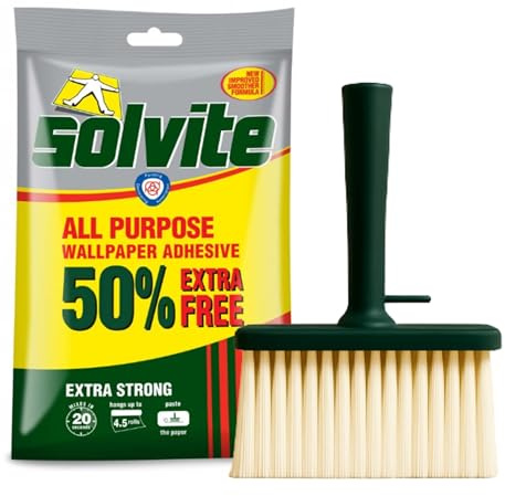 Solvite Extra Strong Wallpaper Paste Bundled With Paste Brush for Wallpapering | Ready to Use Adhesive Kit | Heavy Duty Wallpaper Glue & Pasting Brush for Repair and Decorating