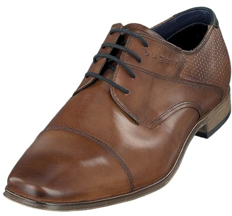 bugatti Homme Chaussure Basse Business en Cuir véritable Lisse, Derby avec Bout croisé et Tige en Relief, Cognac, 45 EU