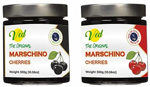 Ved Gourmet Original Red & Black Marasquin Cerises - Cerise Italienne pour Cocktails à l'Ancienne - Cocktail Vegan, Cerises Bourbon au Sirop Naturel pour Garniture Cocktail, 300 g (Lot de 2)