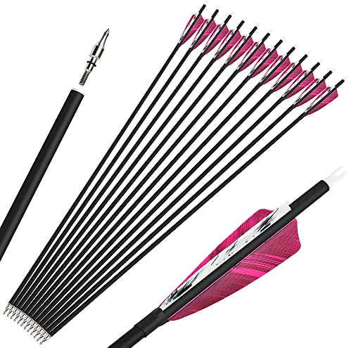 SHARROW Bogenschießen Carbonpfeile Jagdpfeile 28/30/31 Zoll Bogenpfeile Spine 500 Pfeile für Bogen Fletching Natürliche Feder (12 stück/28zoll, Dunkelrosa)