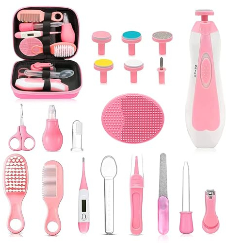 Kit de cuidado de la salud y aseo del bebé, 20 en 1, portátil, con cepillo para el pelo, peine, aspirador nasal, cortador de uñas eléctrico, kit esencial para bebés recién nacidos y niñas (rosa)