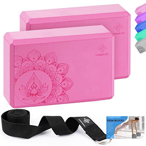 Overmont Yoga Block 2 Pack Supportive Latex-Free EVA Foam Soft Non-Slip Surface for General Fitness Pilates Stretching and Meditation 9x6x3 Yoga Strap Included (Pink)