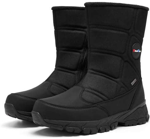 SILENTCARE Men's Winter Waterproof Snow Boots Warm Slip On Mid-Calf Booties Lightweight Outdoor Athletic Shoes Black 10.5 US