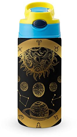 Thermos Cup 500Ml Golden Planet Insulated Water Bottle with Straw for Sports and Travel 19x6.8 cm