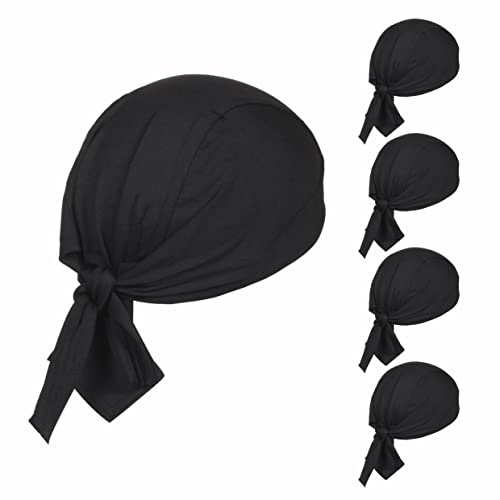 BISMAADH 4 Pack Cotton Doo Rags Helmet Liner Beanie Skull Caps Hats Dew Rags Bandana Headwrap Sweat Hard Hat for Men (Black Pack of 4)
