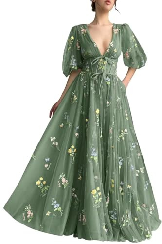 Basgute Robe de bal à manches longues en tulle avec broderie florale pour femme, Grande robe de soirée formelle, coupe trapèze, décolleté en V, style féérique, Personnalisable, 32
