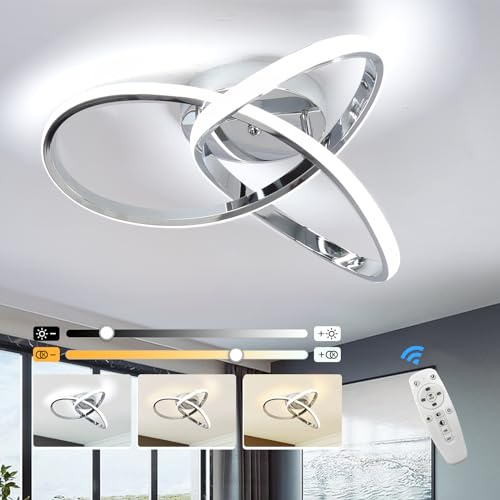 EIDISUNY Led Ceiling Light Dimmable, Modern Led Ceiling Lamp with Remote Control, Minimalist Chrome Ceiling Lights for Bedroom Kitchen LivingRoom Dining Office Hallway - 42W, Silver, 40cm, 3000K-6000K