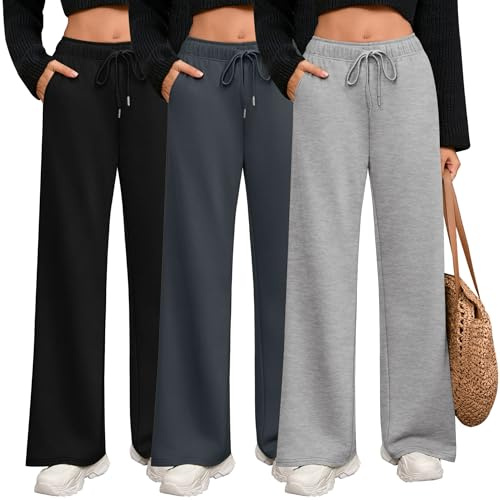 Riyiper Paquete de 3 Pantalones Deportivos de Pierna Ancha para Mujer Rectos con Cordón y Cintura Elástica y Bolsillos(Gris Claro, Gris Oscuro, Negro,L)