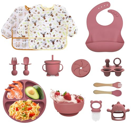 Bizcasa Coffret Repas Bebe 14 pièces,Vaisselle Antiderapant pour Bébé Set Silicone avec Ventouse Assiette Bol Cuillère et Bavoir,Sans BPA,Enfant Set Couverts Vaisselle Pour Sevrage Manger (Rose foncé)