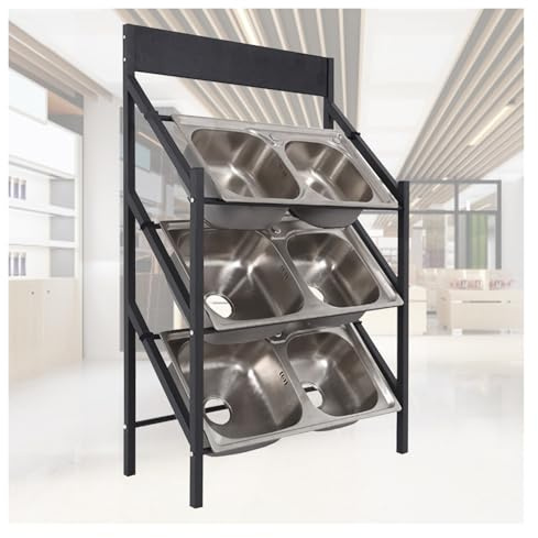 Heavy Duty Washing Hand Basin Display Rack, 3-tiers Mobile Commercial Steel Kitchen Sink Storage Floor Standing, Sink Sample Washbasin Stand for Building Materials Market(No wheel,L 29 1/2 (75cm))