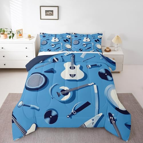 Rock Music - Juego de edredón infantil para niños, tamaño individual, juego de ropa de cama acolchado de guitarra con 1 funda de almohada, ropa de cama ligera, suave y transpirable, 2 piezas