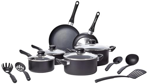 Amazon Basics Ceramic Non-Stick Cookware 15-Piece Set, Pots, Pans and Utensils, Black