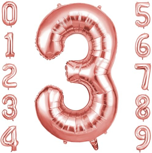 OFFCUP Palloncino Numero 3 Oro Rosa Gigante 40 Pollici Foil per Compleanno | Gonfiabile ad elio, circa 100 cm, in alluminio foil, decorazione per feste compleanno matrimonio anniversario baby shower