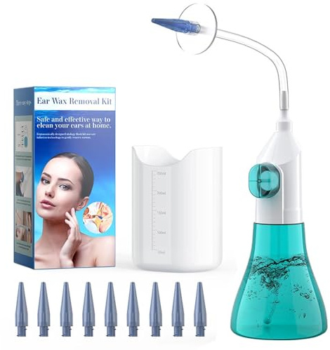 Kit Nettoyage Oreille, 250ml Nettoyage Oreille à Eau Réutisable avec 1 Bouts Cinq Jet et 9 Pointes de Buse Standard, Dispositif de Soins D'oreille de Type Pompe Facile à Presser