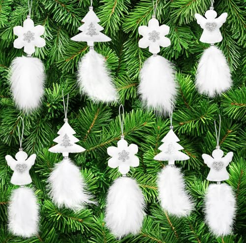 WUQNGI 9 Pièces Decoration Noel Sapin Blance, Plume Decoration Sapin de Noel Ange Flocon Déco Sapin, Décorations de Noël Blanc Kit pour Interieur Exterieur Mariage Anniversaire Fête