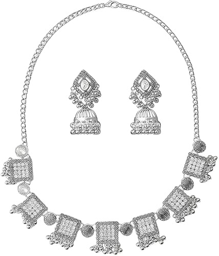 IMINI Jhumki - Set di orecchini e collana girocollo rettangolari placcati in argento con zirconia cubica, gioielli tradizionali indiani vintage per feste di nozze, design antico Bollywood con nappa