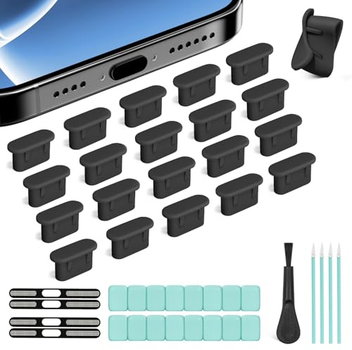 joremx 20 st USB-C dammskydd silikon, med USB C skyddskåpa och rengöringslera, för iPhone 17/16/15-serien och laptop laddningsuttag skydd tillbehör svart