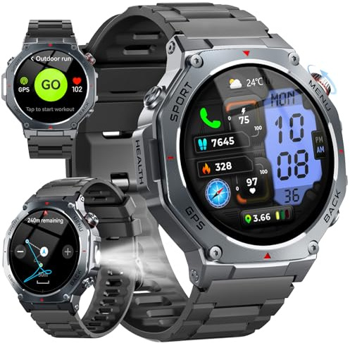 Reloj Inteligente Hombre con GPS, 1.43 AMOLED Militar Smartwatch con Llamadas Bluetooth/Podómetro/Monitoreo de Sueño/Pulsómetro/SpO2, 5ATM smart watch 160+ Deportes Pulsera Actividad para Android iOS