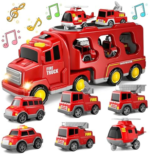 Dcceeo 7 en 1 Camion Pompieri Giocattolo, Camion Trasportatore Macchinine con 6 Mini Camions dei Pompieri Camion dei Pompieri ad Inerzia avec Luci e Suoni Regalo per Ragazzi Ragazze di 3 4 5 6 7 anni