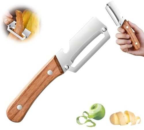 2-i-1 multifunktionell grönsaksskalare, skalare med extremt vass rostfri kniv och ergonomiskt, halkfritt trähandtag – skalar potatis, äpplen och morötter utan ansträngning