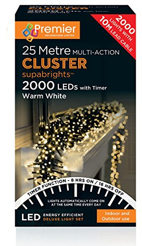 Premier Decorations Premier Decorations-2000 Multi Action Cluster LED Lights with Timer-Warm White, ONE Size