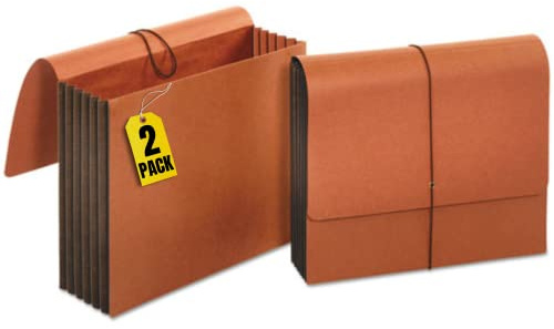 1InTheOffice Expanding File Wallet with Flap and Cord Closure, 5-1/4 Expansion, Letter Size, Redrope, 2 Pack