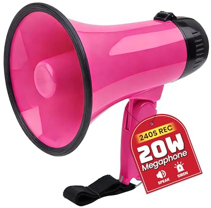 MyMealivos 20W Megaphone Bullhorn, Built in Siren & 240s Recording, 5.4×8.6 Portable Megaphone with Volume Control Cover Up to 300 feet+ for Indoor and Outdoor Activities(Deeppink)