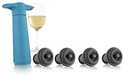 Vacu Vin Original Wine Pump - 4 Vacuum Wine Stoppers - Wine Saver - Blue