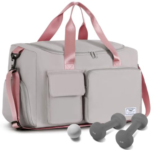 FIORETTO Gym Bag Womens, Sports Bag with Shoe Compartment, Grey&Pink | Large Capacity, Wet Pocket, Water-resistant, Luggage Sleeve, Removable Strap, Ideal for Swimming, Travel or as a Hospital Bag