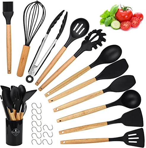 Utensili Cucina Set, hicoosee 22 Pezzi Senza BPA Mestoli Cucina Silicone con Manico in Legno Antiaderenti da Cucina Strumento di Cottura Termoresistenti con 10 S Ganci, Nero